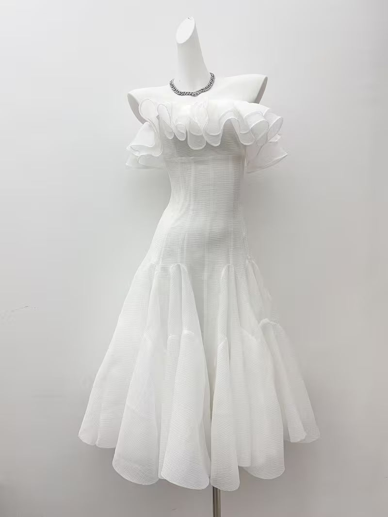Women' High Waist Sleeveless Off-Shoulder Dress - Solid Ruffle Midi Length Asymmetrical Dress Suitable for Office, Commute & Casual Wear