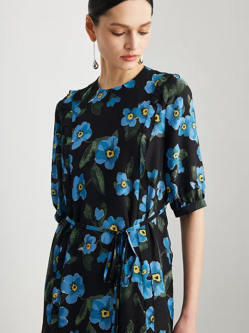 Women's Short Sleeve Floral Dress Double Georgette Ruffle Trim French Style 100% Mulberry Midi Dress