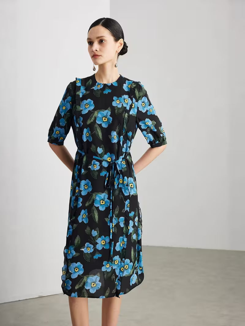 Women's Short Sleeve Floral Dress Double Georgette Ruffle Trim French Style 100% Mulberry Midi Dress