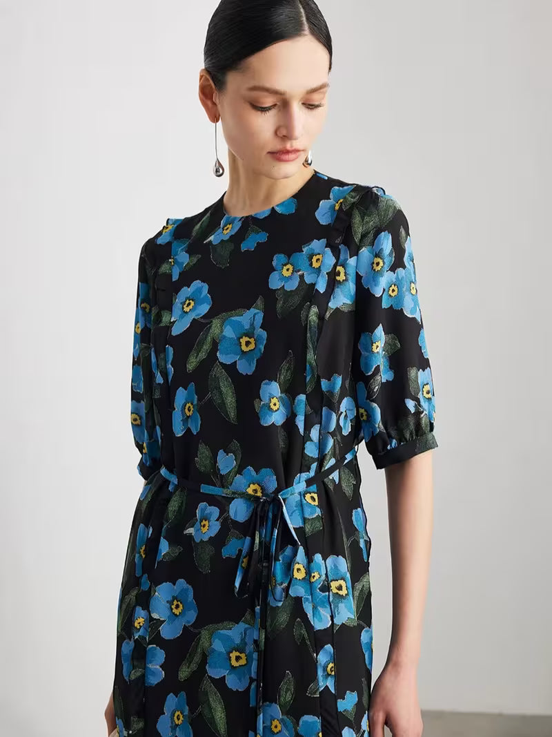 Women's Short Sleeve Floral Dress Double Georgette Ruffle Trim French Style 100% Mulberry Midi Dress