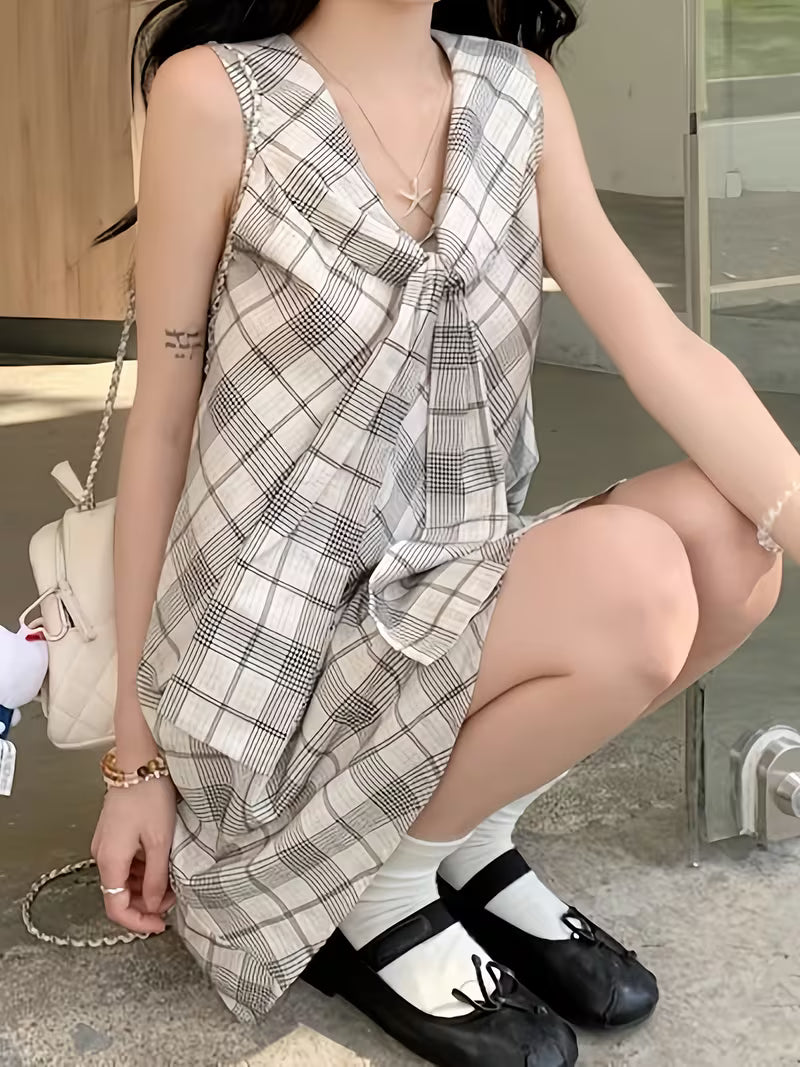 Summer New Academic Style Plaid Tie Dress for Women - Youthful Navy Collar Niche Vest Mini Skirt