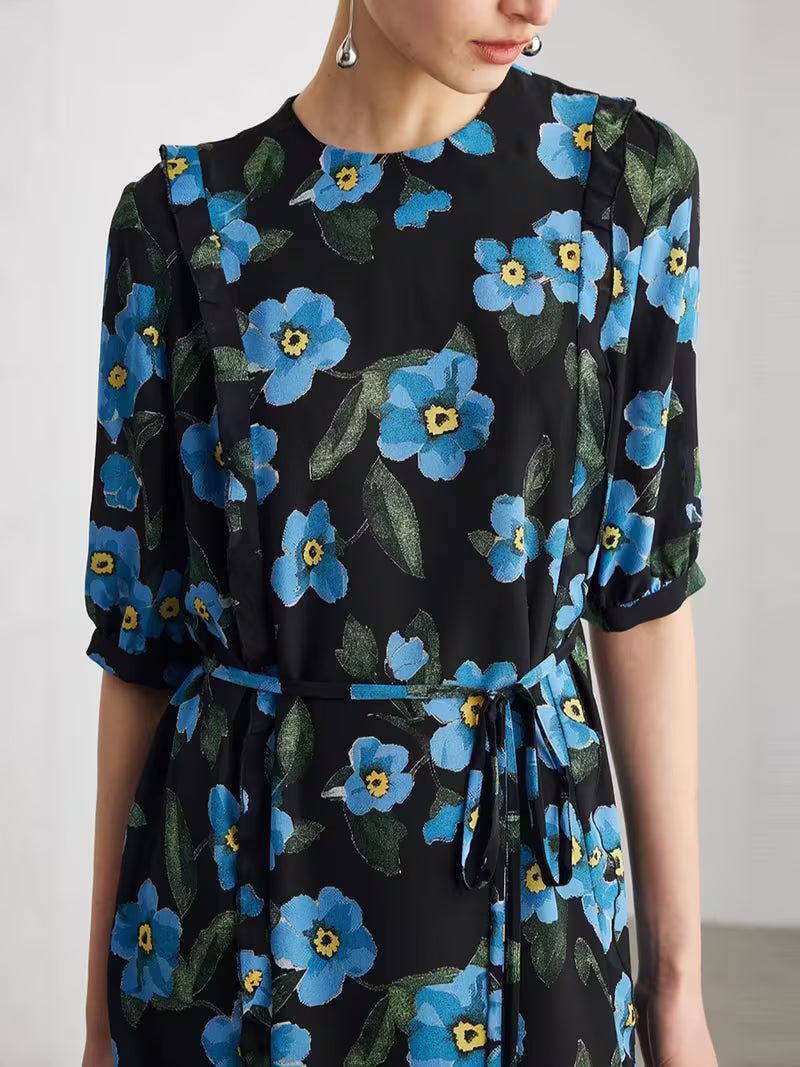 Women's Short Sleeve Floral Dress Double Georgette Ruffle Trim French Style 100% Mulberry Midi Dress