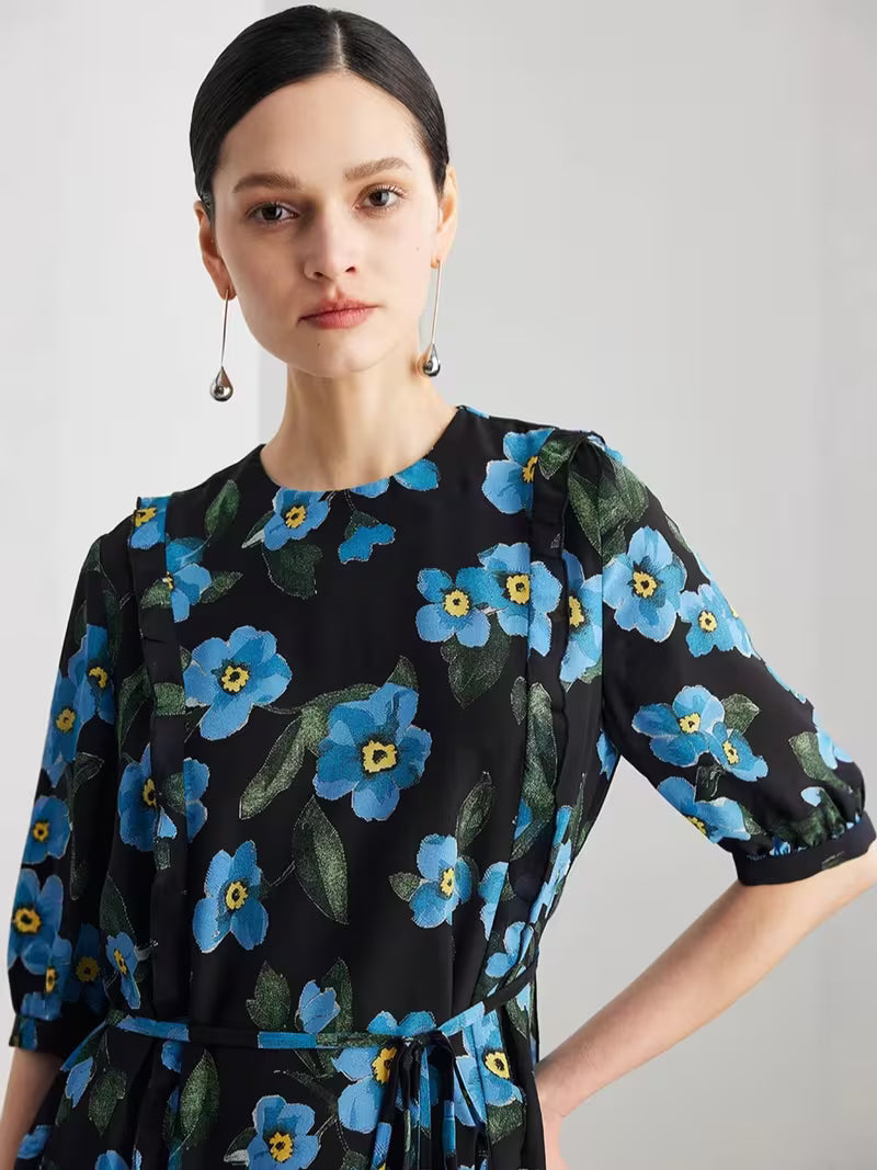Women's Short Sleeve Floral Dress Double Georgette Ruffle Trim French Style 100% Mulberry Midi Dress