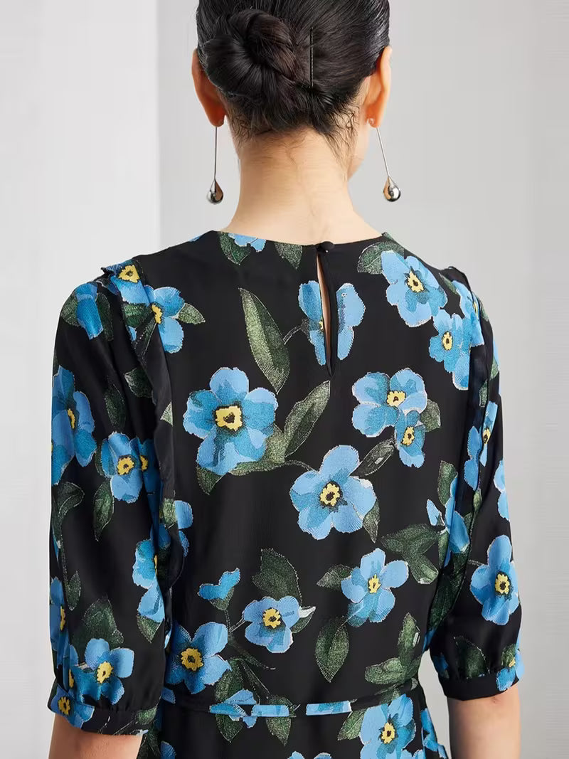 Women's Short Sleeve Floral Dress Double Georgette Ruffle Trim French Style 100% Mulberry Midi Dress