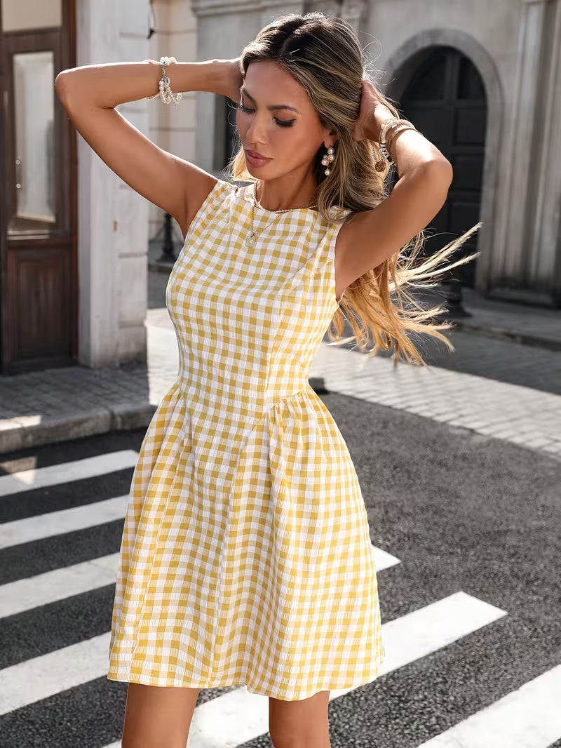 French-Style Sleeveless Plaid Mini Dress, Women's Plaid Dress