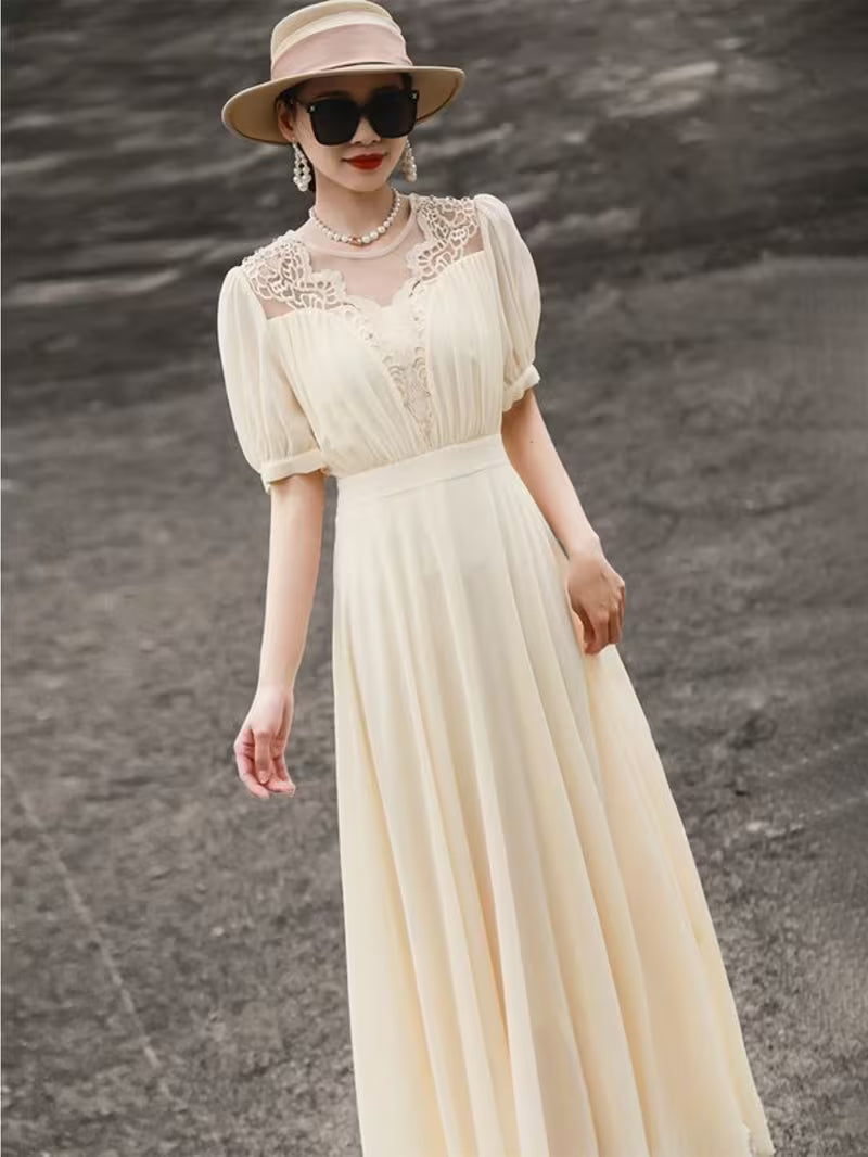 Absolutely Stunning French Lace Puff-Sleeve Maxi Dress - Figure-Flattering