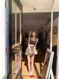 Small Summer New Suspender Square Collar Plaid Dress Design Sense Stitching Lace Bow Skirt