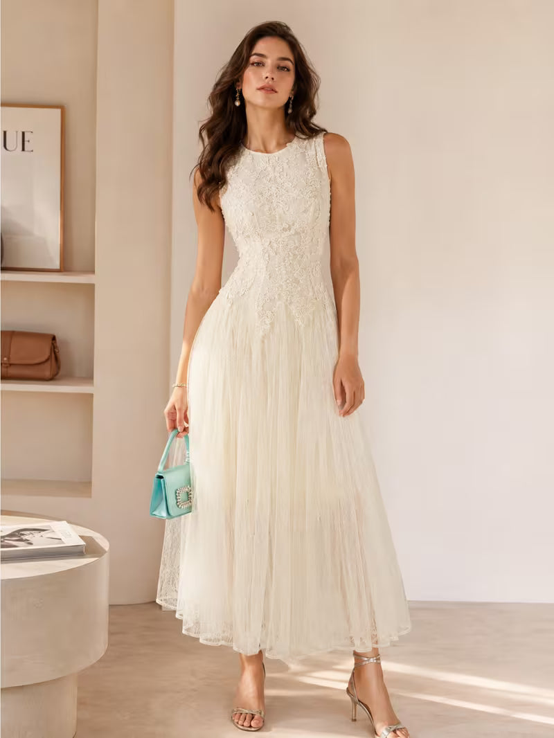 Women's Sleeveless Round Neck Mesh Lace Spliced Dress Flattering Fit Soft Touch for Daily Vacation Date Outfits