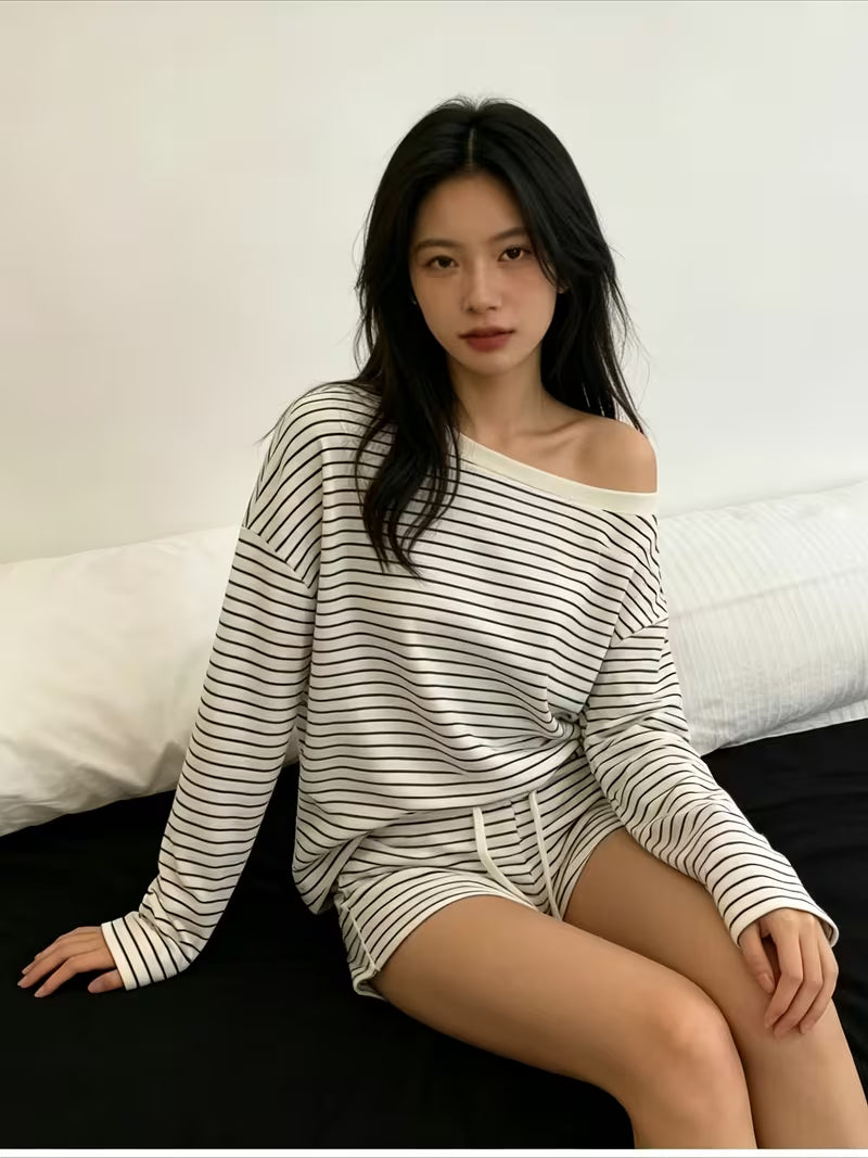New Striped Women'S Long Sleeve Short Shorts Set Korean Casual Loose Outwear Home Wear Off-Shoulder Spicy Lazy Style Two-Piece