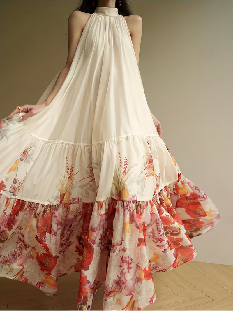 Elegant And Sophisticated Style, New Loose-Fitting, Beach Vacation Tie Waist Printed Dress