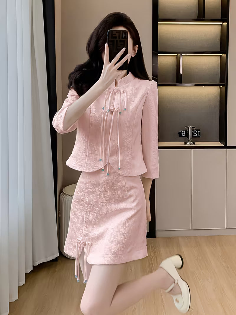 Sweet Long-Sleeve Shirt & Skirt Set, Stylish Elegant Two-Piece with Slits