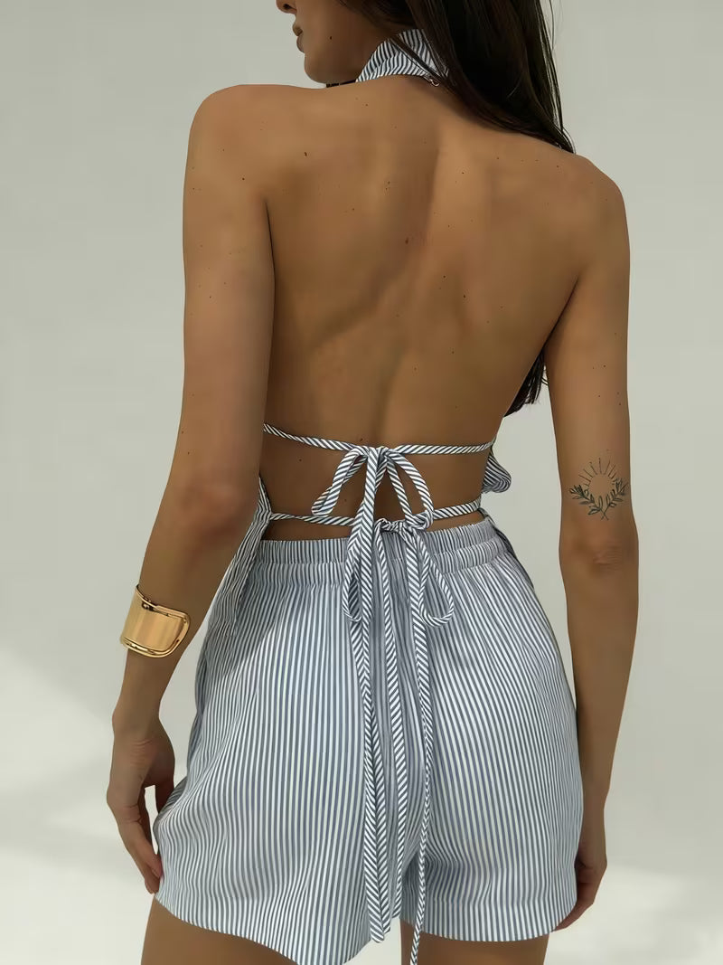 Women's Casual Daily Vacation Blue and White Striped Cowl Neck Halter Button- Backless Tie-Up Bow Top with Spaghetti Straps, Elastic Waist Loose Shorts 2pcs Set