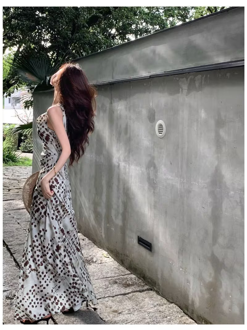 Summer French Swing-neck Suspender Dress, Printed High-waisted Hip-wrapped Fishtail Dress, Long Women's Dress with Drape Temperament