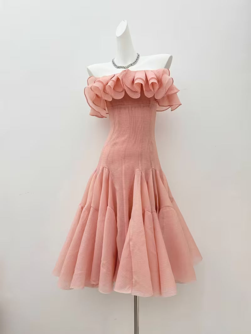 Women' High Waist Sleeveless Off-Shoulder Dress - Solid Ruffle Midi Length Asymmetrical Dress Suitable for Office, Commute & Casual Wear