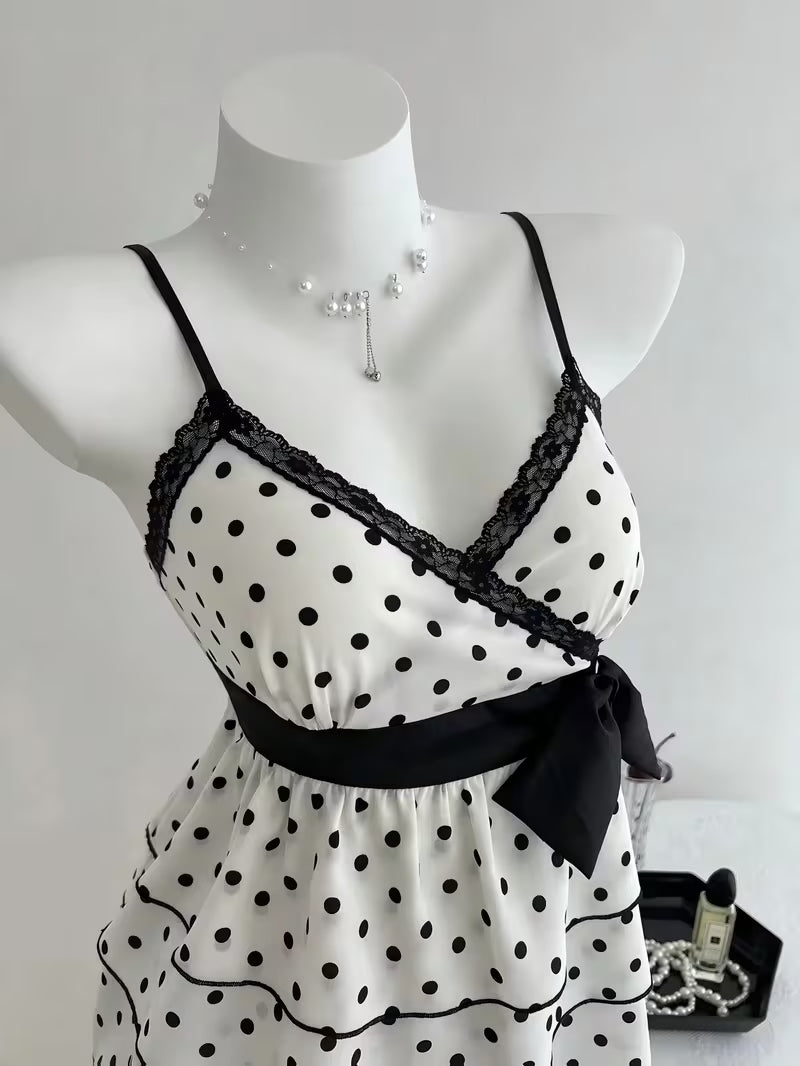 French-Style Vintage Lace Patchwork Color-Block Bow Polka Dot Camisole Top, Sweet, Youthful, Stylish,, Vacation-Ready, High-End Women's Apparel