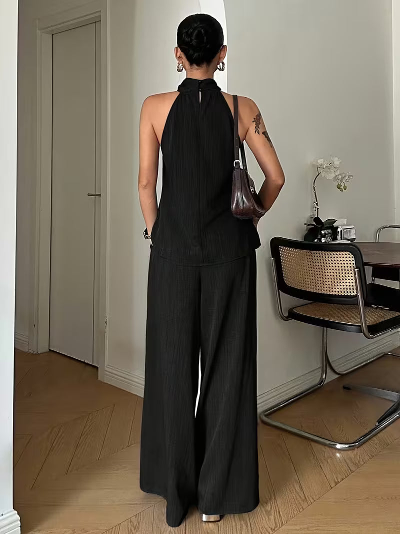 Women'S Elegant Two-Piece Vintage Coin Embellished Backless Halter Top And Wide-Leg Pants Set