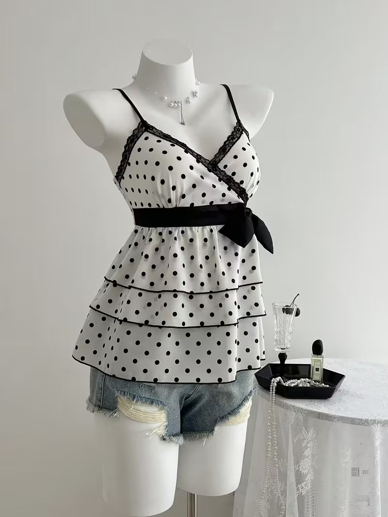 French-Style Vintage Lace Patchwork Color-Block Bow Polka Dot Camisole Top, Sweet, Youthful, Stylish,, Vacation-Ready, High-End Women's Apparel