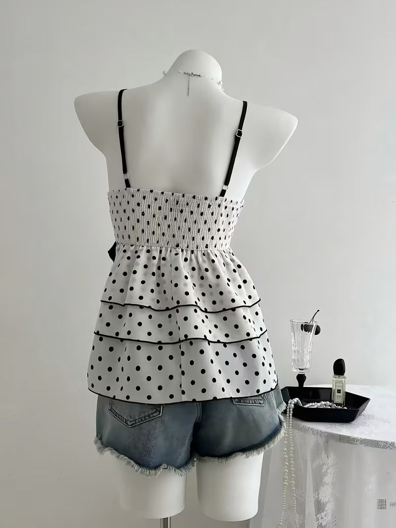 French-Style Vintage Lace Patchwork Color-Block Bow Polka Dot Camisole Top, Sweet, Youthful, Stylish,, Vacation-Ready, High-End Women's Apparel