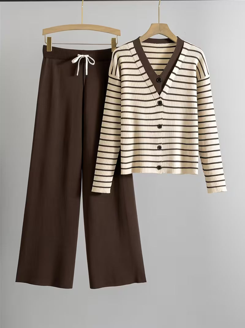 Smooth and Not Easily DeformedStriped V-neck Faux 2pcs Top and Wide-leg Pants 2pcs Set, Fashionable Sweater Set, Waist-cinching and Slim-fitting