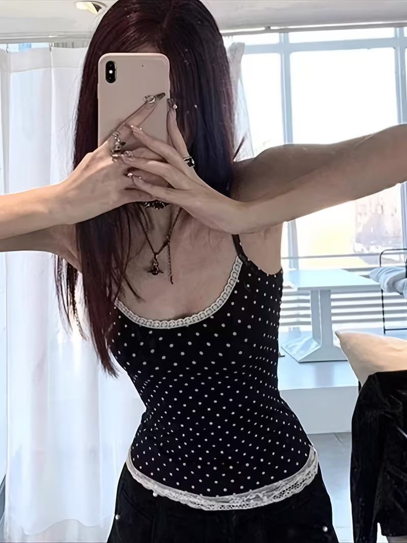 Polka Dot Suspender Vest Niche Lace Patchwork Slim Short Sleeveless Top