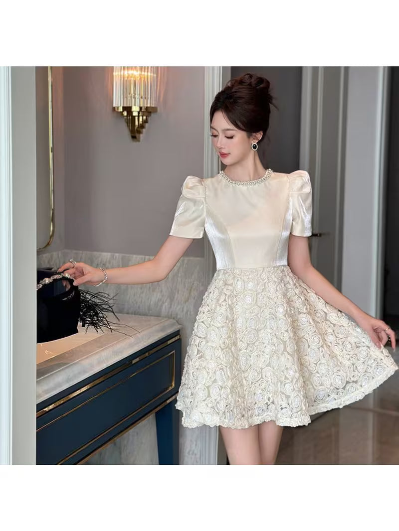 Chic And Luxurious Rose Mesh Cinched-Waist Princess Dress - Designer Fluffy Party Dress