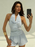 Women's Casual Daily Vacation Blue and White Striped Cowl Neck Halter Button- Backless Tie-Up Bow Top with Spaghetti Straps, Elastic Waist Loose Shorts 2pcs Set