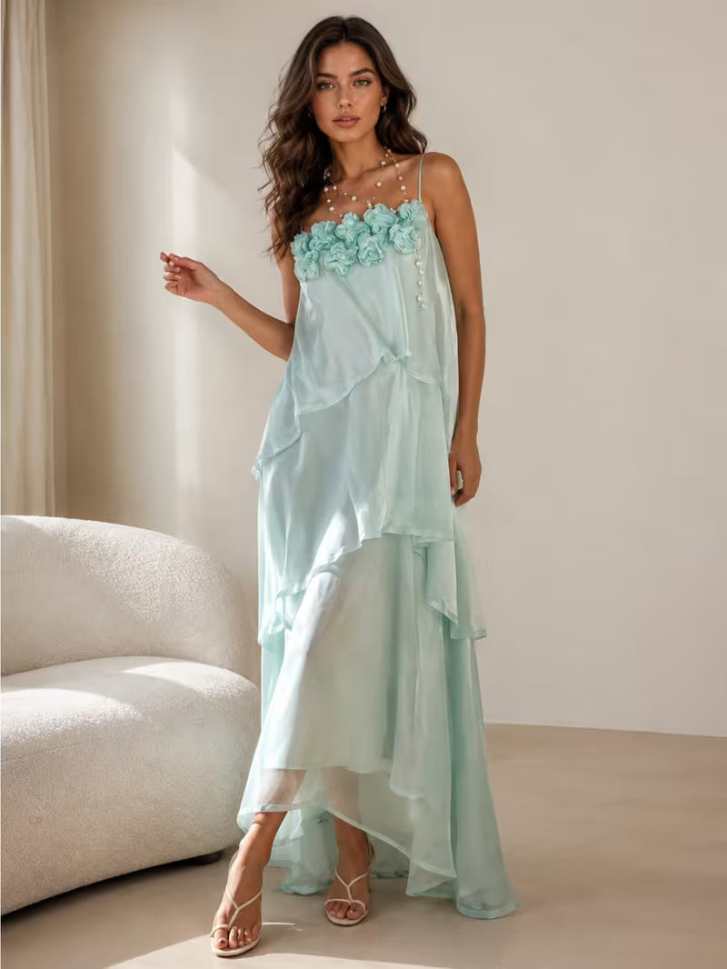 Women Spaghetti Strap Long Dress Layered Cake Skirt Breathable Relaxed Silhouette for Vacation Casual Daily Wear