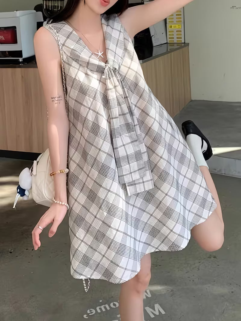 Summer New Academic Style Plaid Tie Dress for Women - Youthful Navy Collar Niche Vest Mini Skirt