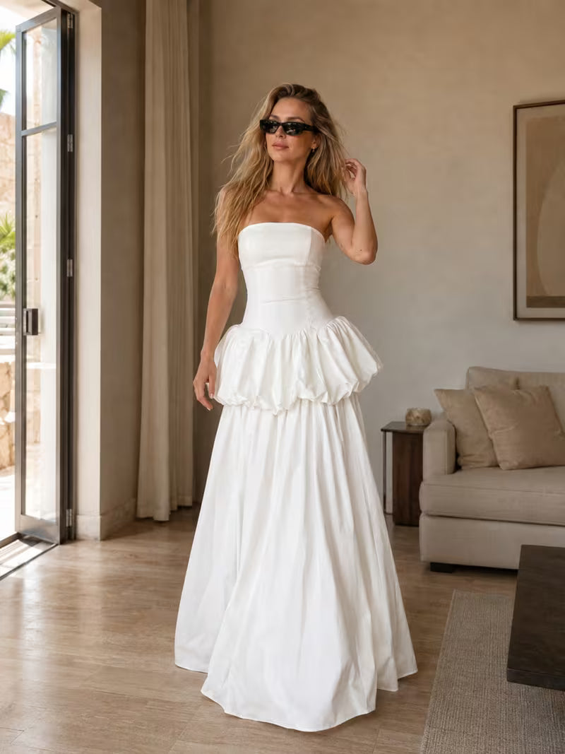 Women's Strapless Maxi Dress with Tube Top & Ruched Bubble Peplum Hem - Asymmetric Tunic Floor-Length Gown