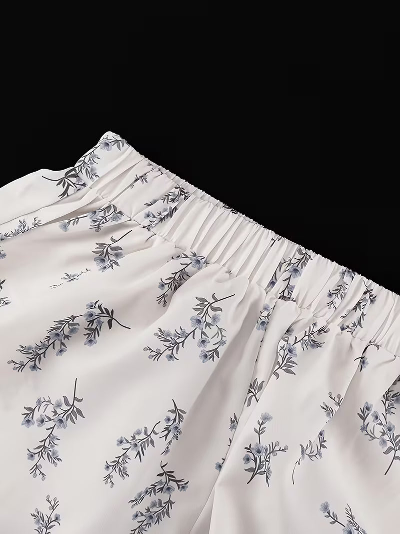 Women's French-Style Classic Elegant Set: Puff Sleeve Blouse with Small High Neck and Ruffle Trim, Printed Shorts Set