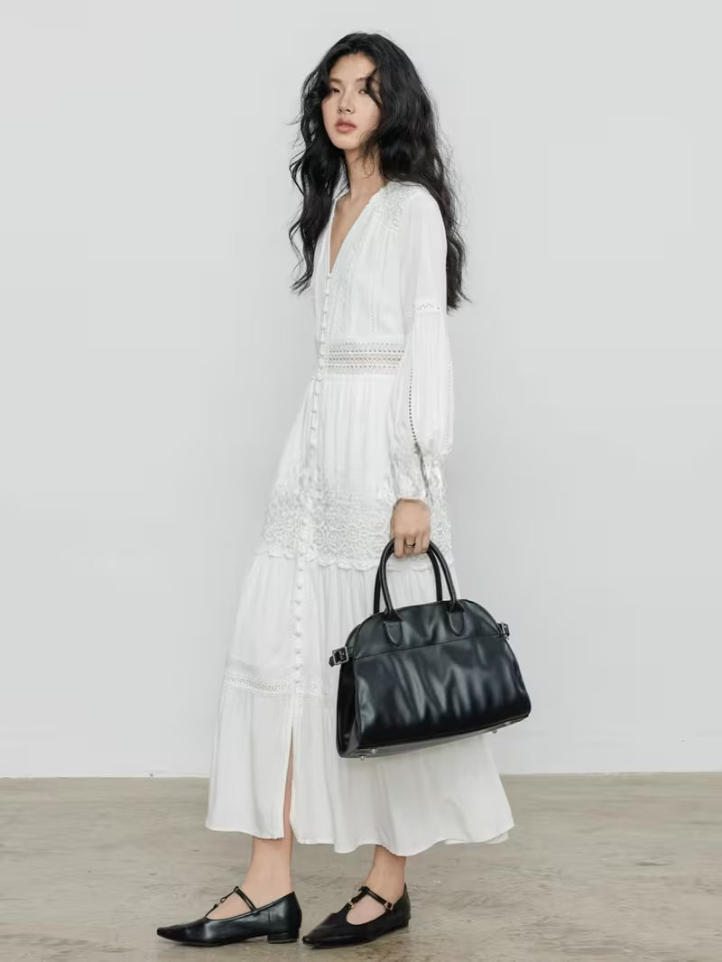Women' French Hollow Out Lace Dress - -Line Semi-Sheer Summer Dress with Puff Sleeves & Waist Fit