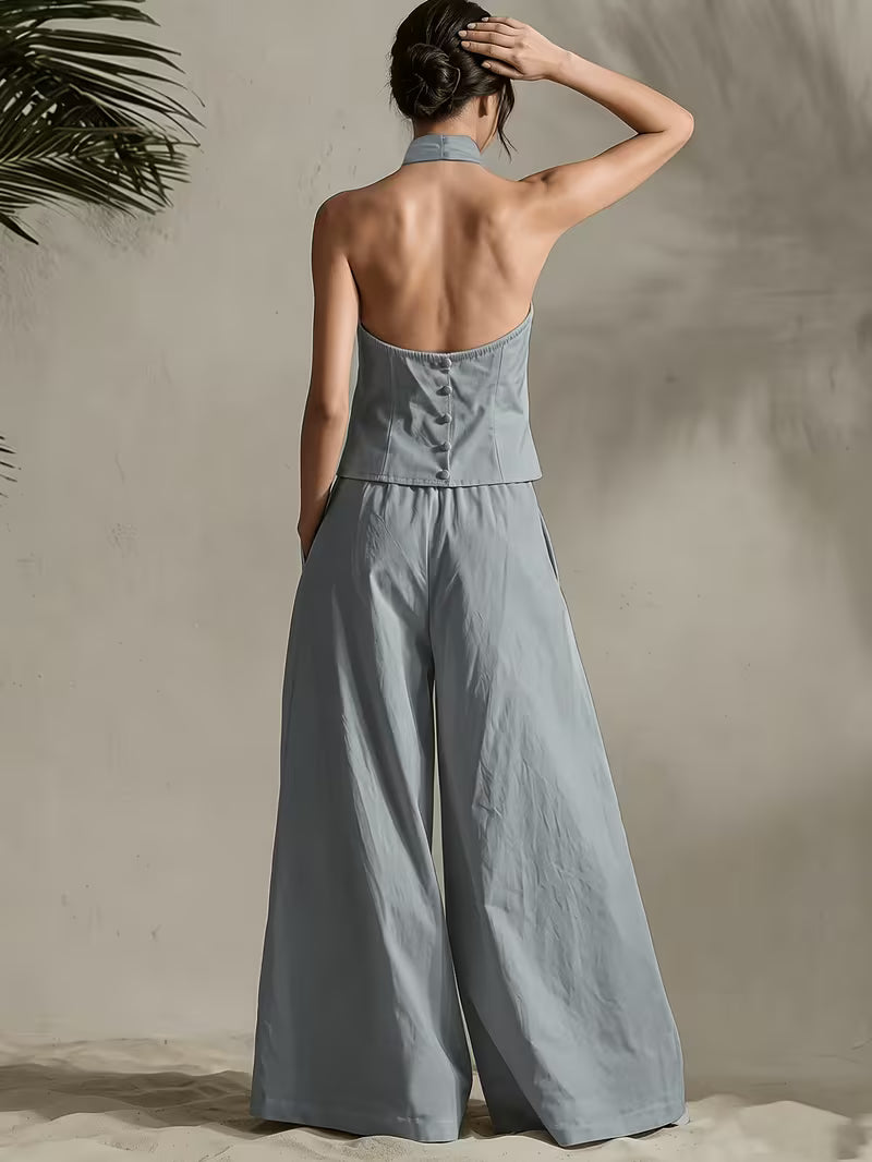 Western Spring Summer Women'S Halter Top And Wide-Leg Long Pants, Comfortable Breathable Fabric, High-End Elegant Quality, Dusty Green Vacation Party City Fashion Premium New Spring Summer Women'S Two-Piece Set