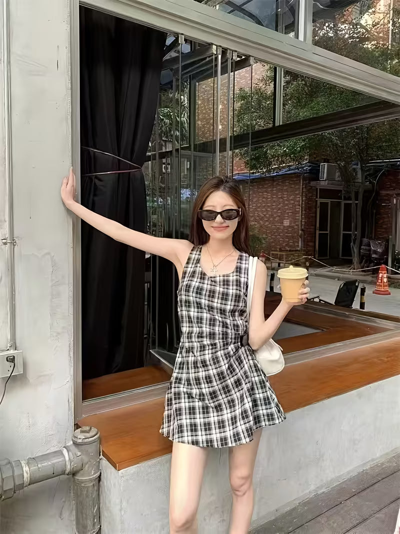 Niche Color-Block Plaid Vest Dress Women'S Summer New American Retro Waist-Cinching A-Line Skirt