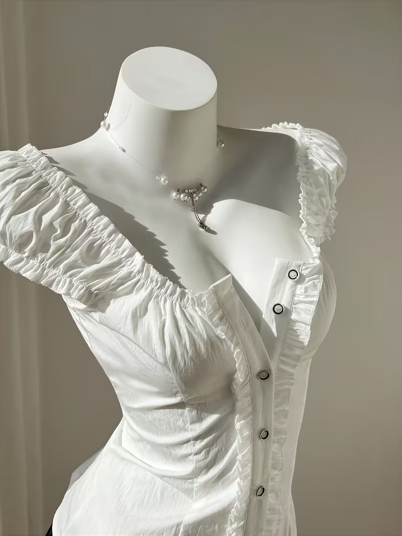 Directional Style Y2K Girly Waist-Cinching Top, Ruffled Puff Sleeve Single-Button Shirt, Square Neck Pleated Women'S Blouse