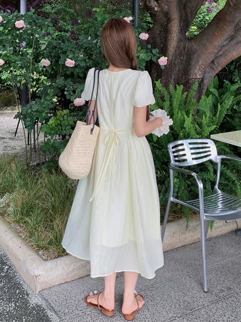 Light Yellow Summer Dress, Women's Round Neck Keyhole Front Puff Sleeve Casual Dress