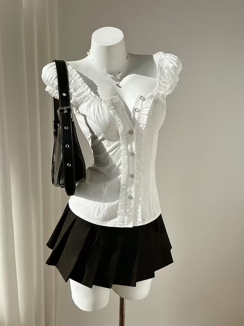 Directional Style Y2K Girly Waist-Cinching Top, Ruffled Puff Sleeve Single-Button Shirt, Square Neck Pleated Women'S Blouse