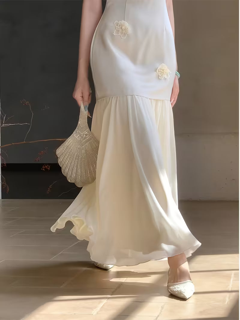 White Jade Glass Embroidery Cheongsam Dress • Elegant And Dignified Temperament Long Dress