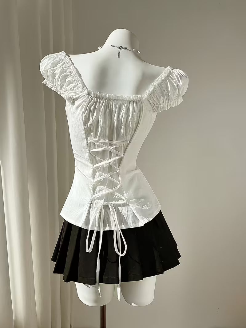 Directional Style Y2K Girly Waist-Cinching Top, Ruffled Puff Sleeve Single-Button Shirt, Square Neck Pleated Women'S Blouse
