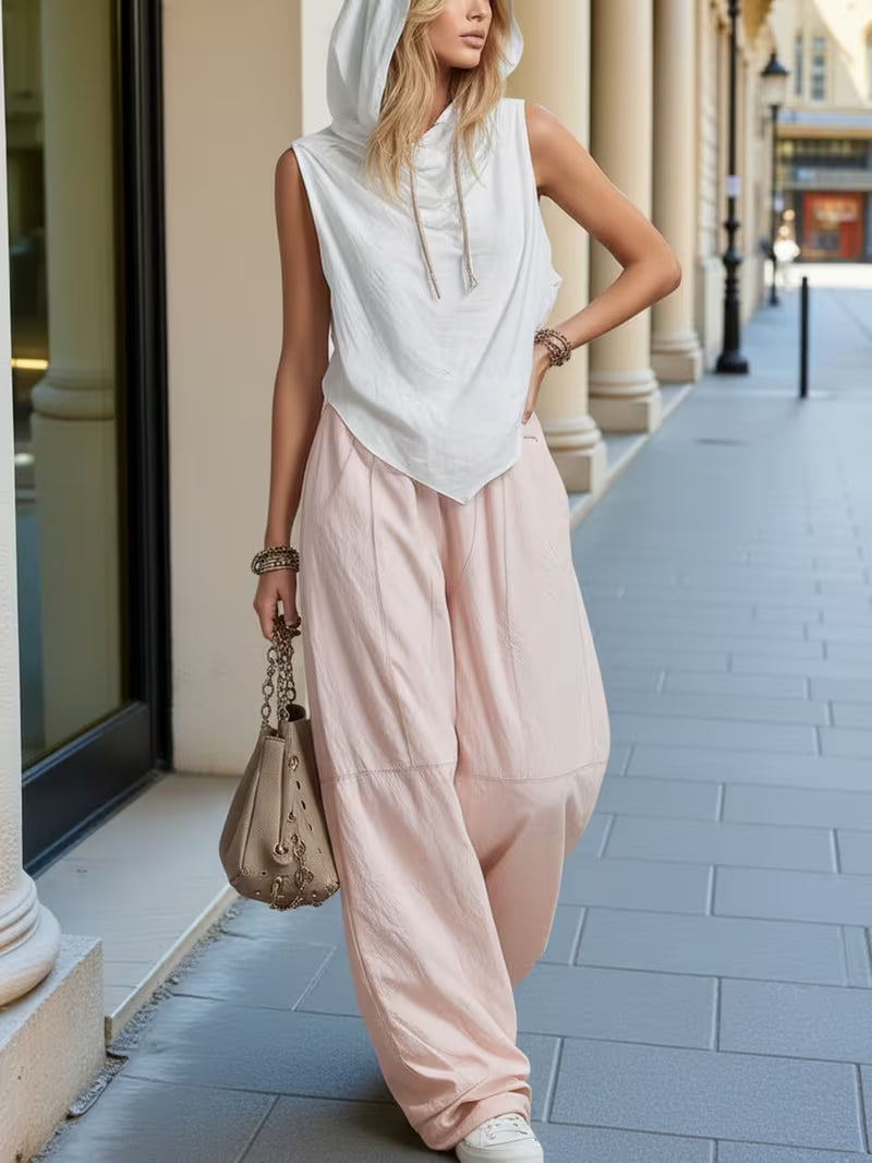 White Hooded Sleeveless Drawstring Oversized Top And Oversized Wide-Leg Pants Women'S Casual Set | Relaxed And Effortless Style