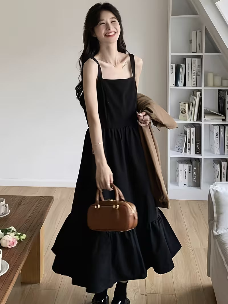 Spring Autumn Pure Color Suspender Dress