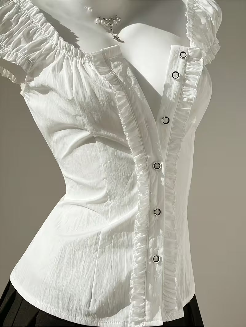 Directional Style Y2K Girly Waist-Cinching Top, Ruffled Puff Sleeve Single-Button Shirt, Square Neck Pleated Women'S Blouse