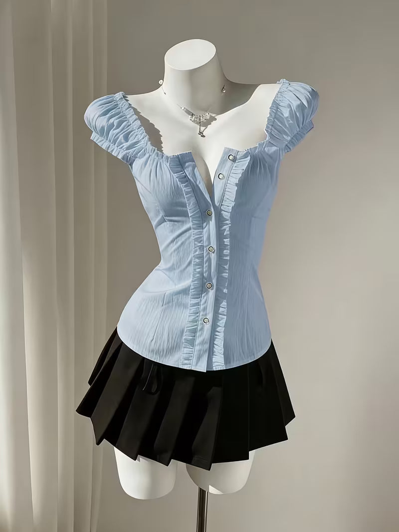 Directional Style Y2K Girly Waist-Cinching Top, Ruffled Puff Sleeve Single-Button Shirt, Square Neck Pleated Women'S Blouse