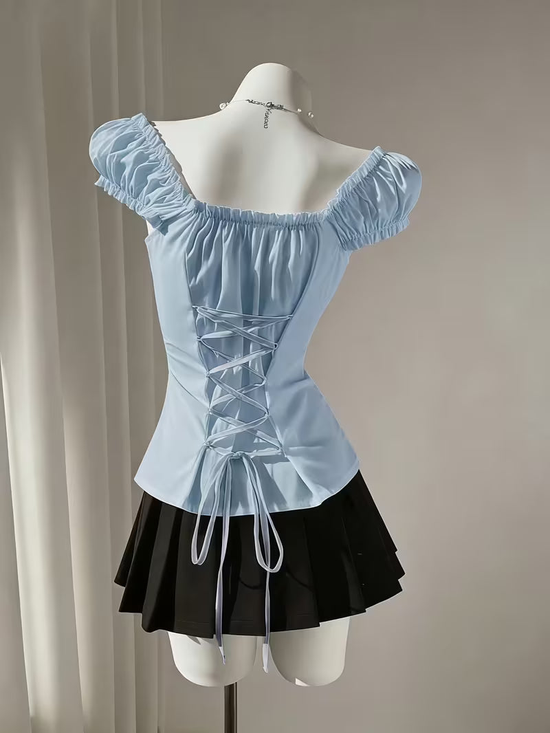 Directional Style Y2K Girly Waist-Cinching Top, Ruffled Puff Sleeve Single-Button Shirt, Square Neck Pleated Women'S Blouse