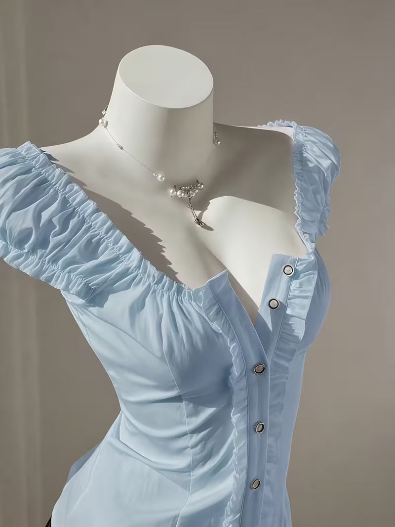 Directional Style Y2K Girly Waist-Cinching Top, Ruffled Puff Sleeve Single-Button Shirt, Square Neck Pleated Women'S Blouse