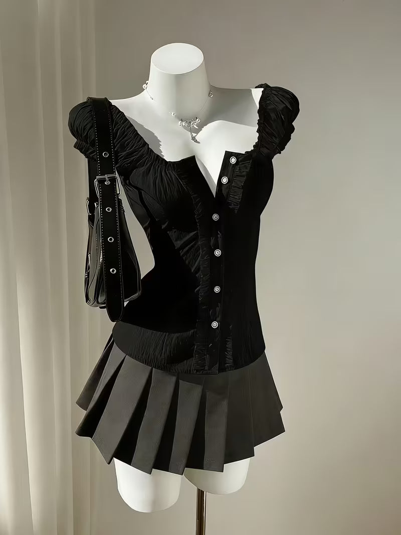 Directional Style Y2K Girly Waist-Cinching Top, Ruffled Puff Sleeve Single-Button Shirt, Square Neck Pleated Women'S Blouse