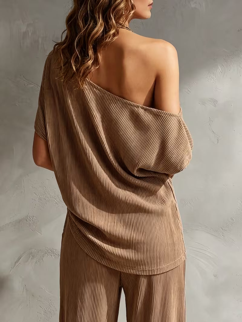 Elegant Ribbed Casual Off-The-Shoulder Top + Wide-Leg Pants Women'S Set Two-Piece Retro Lazy Bohemian Style Casual Set