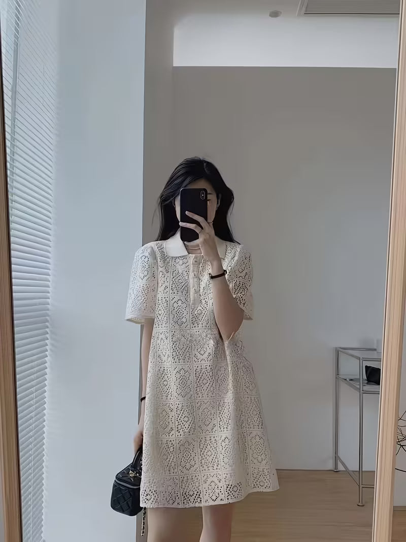 French-Style Hollow-Out Lace Dress for Women, Versatile Loose-Fit Collar Midi Dress for Summer
