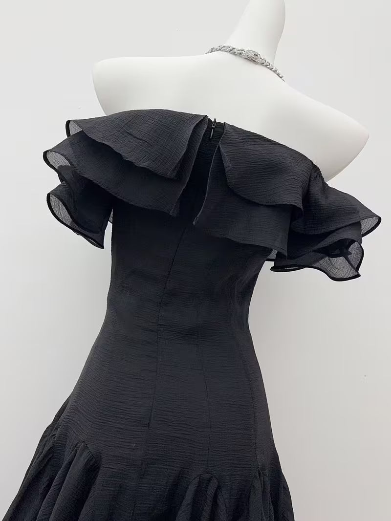 Women' High Waist Sleeveless Off-Shoulder Dress - Solid Ruffle Midi Length Asymmetrical Dress Suitable for Office, Commute & Casual Wear