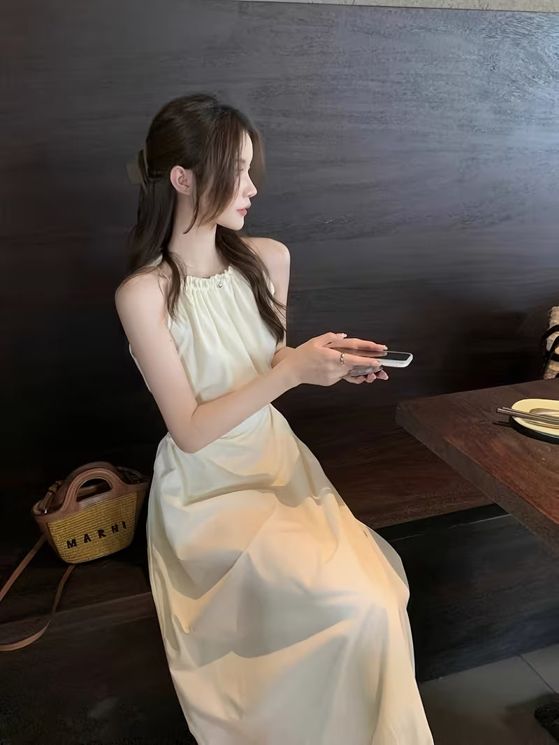 Women's Elegant Halter Neck Off-Shoulder Dress - Lightweight Lace Trim Long Sleeveless Beach Dress with Adjustable Waist Tie