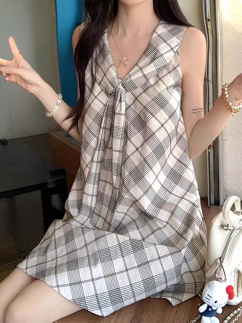 Summer New Academic Style Plaid Tie Dress for Women - Youthful Navy Collar Niche Vest Mini Skirt